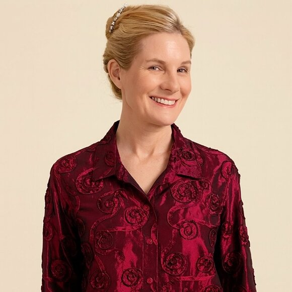 Scott Taylor Red Embellished Button Down Blouse – Long Sleeve Dressy Satiny-look - Picture 1 of 14